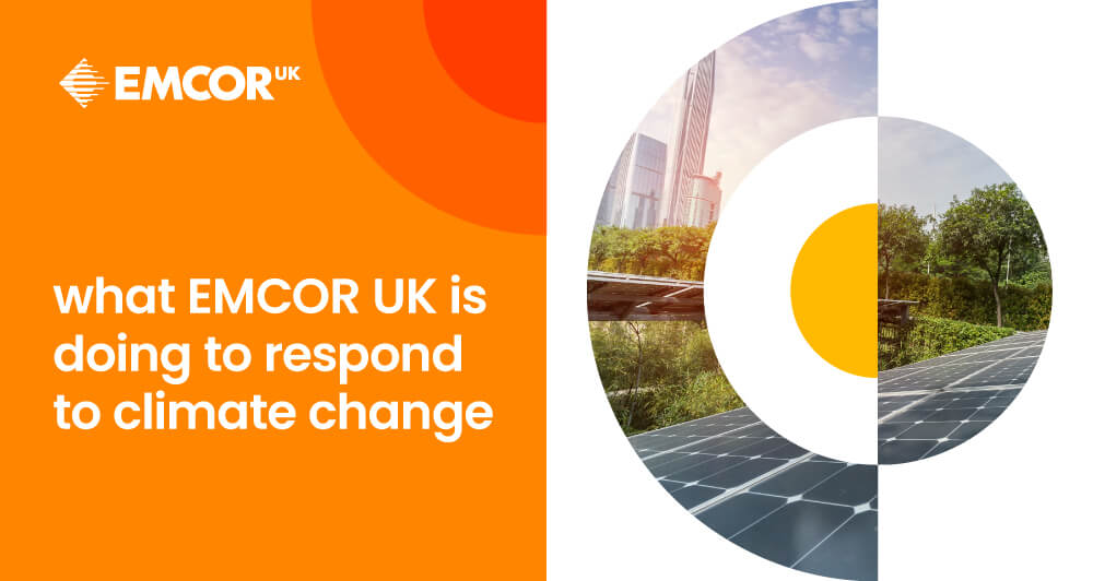 EMCOR UK logo with an image of solar panels and city skyline.