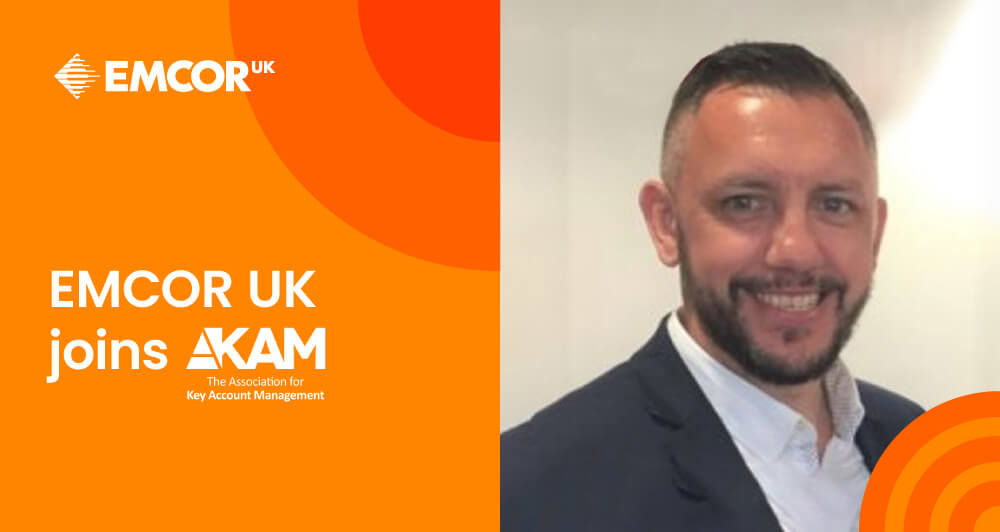 EMCOR UK highlighting their relationship with the Association for Key Account Management (AKAM) with an profile image of Steven Dolan in the background