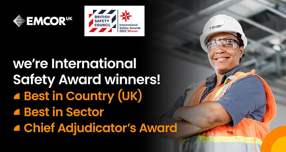 EMCOR UK highlighting their three International Safety Awards along with an image of the British Safety Council logo and an EMCOR UK employee wearing a safety vest.