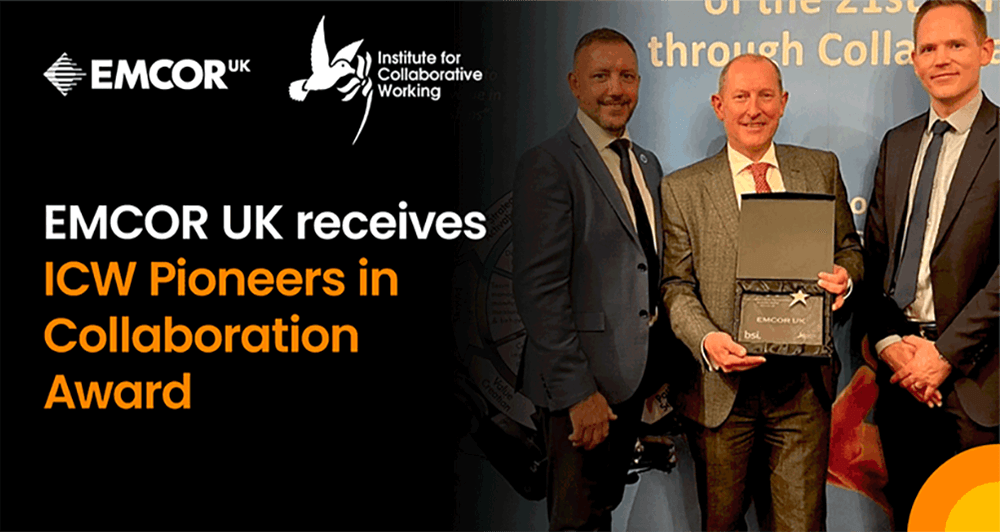 Collage of EMCOR UK logo, Institute for Collaborative Working logo, and image of EMCOR UK employees receiving the award.