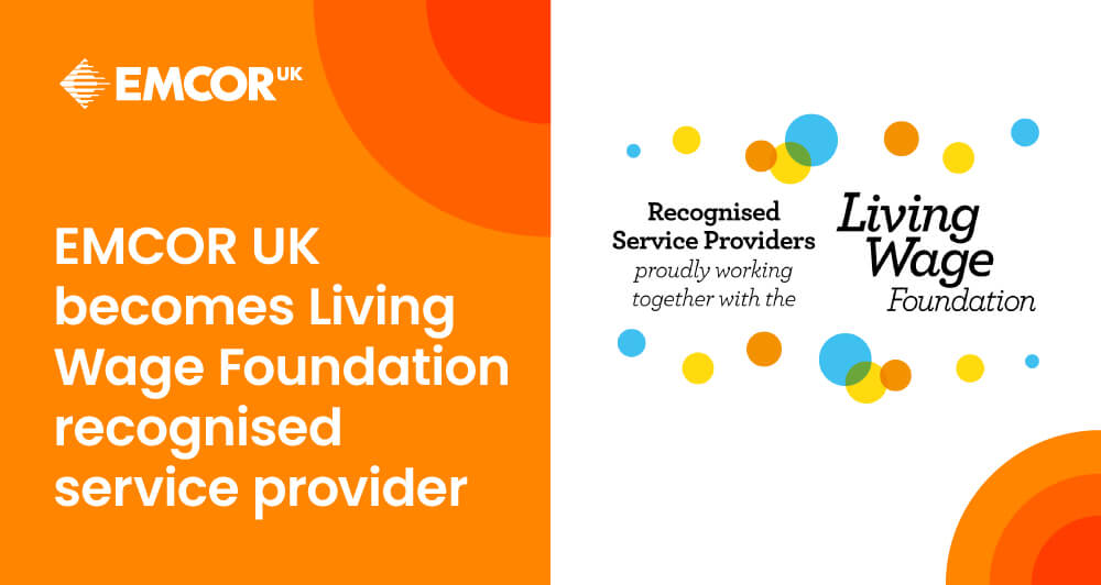 White EMCOR UK logo along side of the Living Wage Foundation Recognised Service Providers logo.