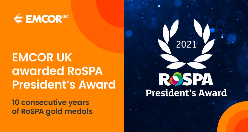 White EMCOR UK logo along side the ROSPA President Award 2022 logo.