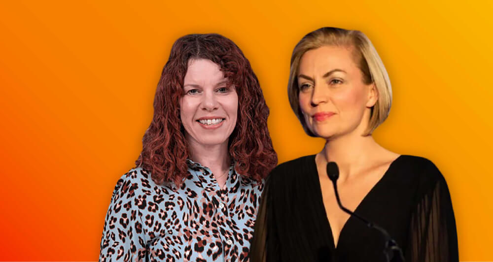 Orange gradient background with profile images of Rebecca Paterson and Emma McLaughlin