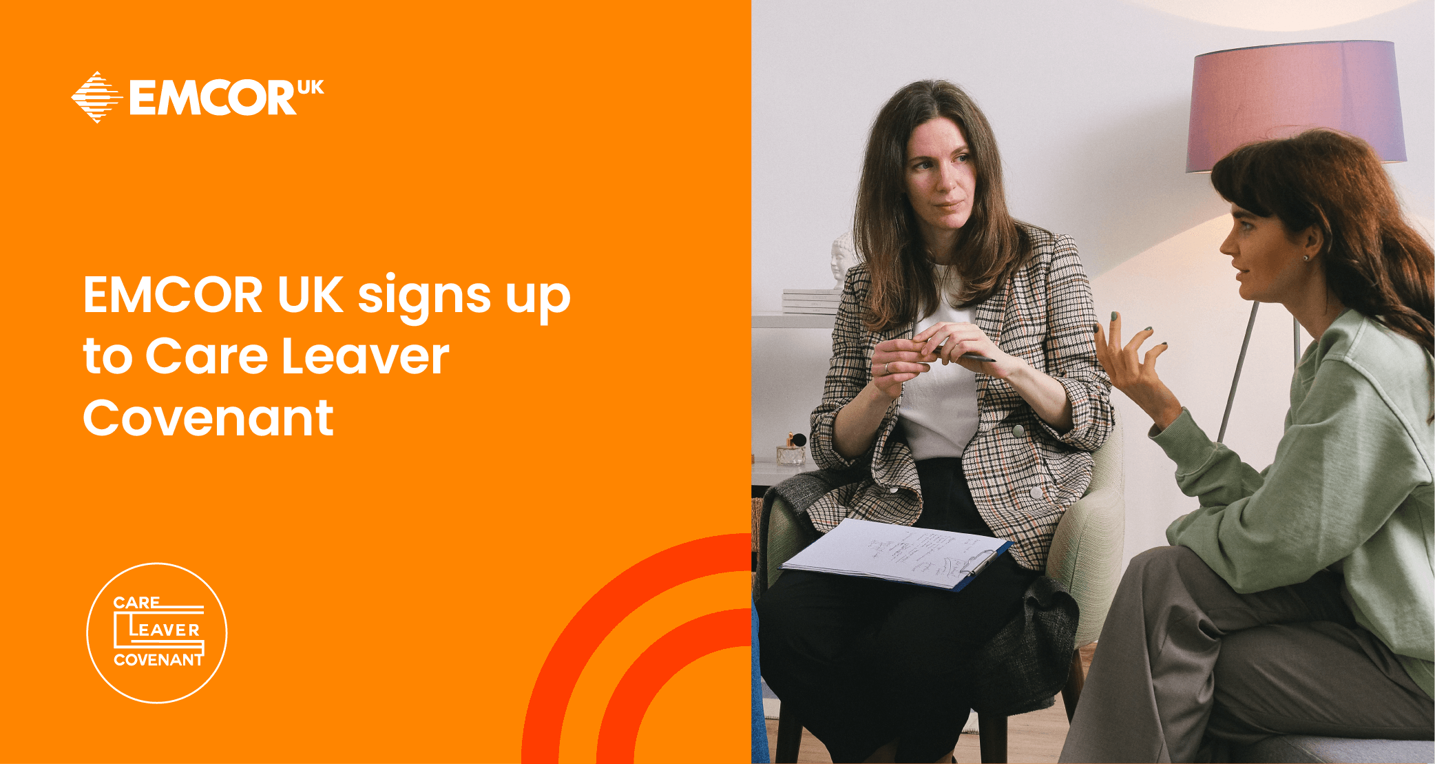 EMCOR UK highlighting their sign-up for the Care Leaver Covenant - along with an image of a business woman sitting in a chair with a clipboard in her lap.