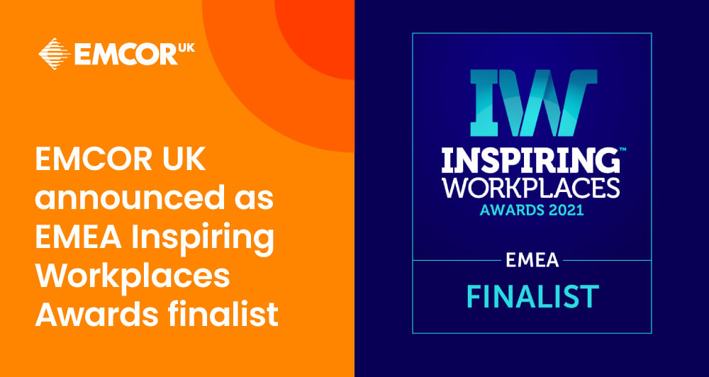 EMCOR UK logo along side of the Inspiring Workplaces Award logo.